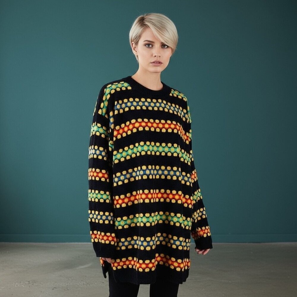 Vintage 80's Worthington Black Multicolor Striped Metallic Tunic Sweater Sz XL
